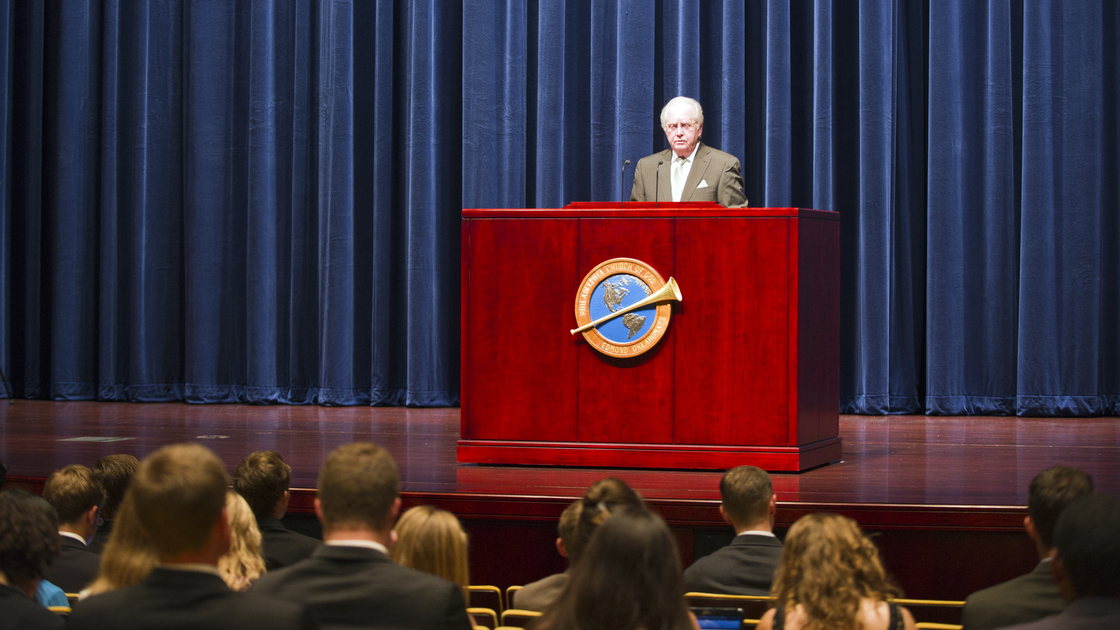 Gerald Flurry and Herbert W. Armstrong College Assembly.jpg