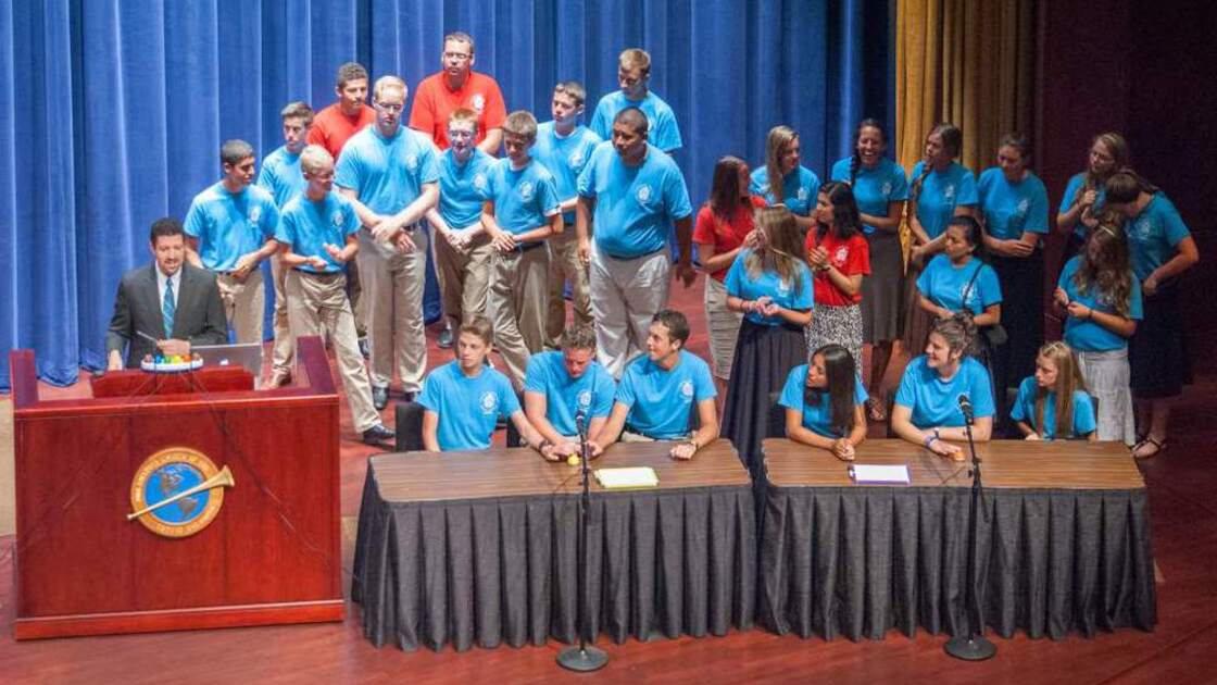 Campers assembled on the stage of Armstrong Auditorium for the annual Bible Bowl