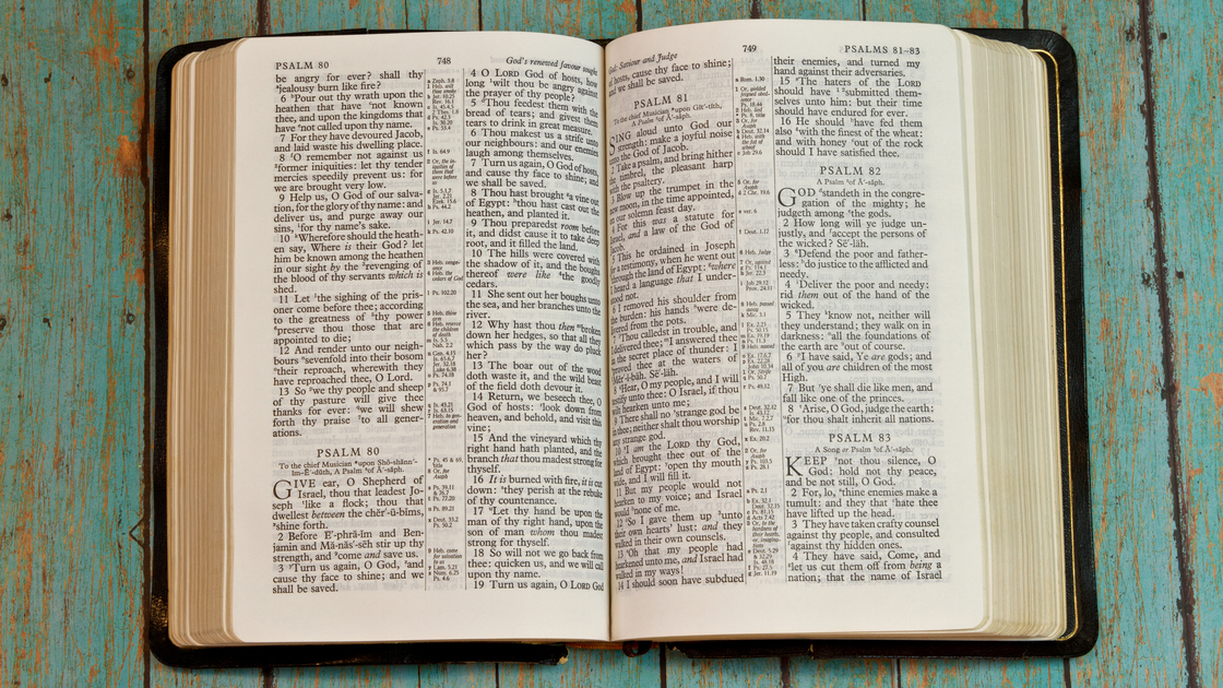 The holy Bible opened to the book of Psalm on a wooden plank rustic background