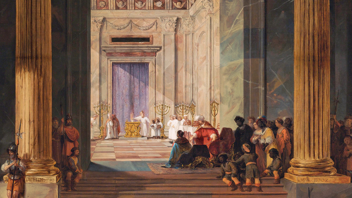 The Queen of Sheba before the temple of Solomon in Jerusalem 